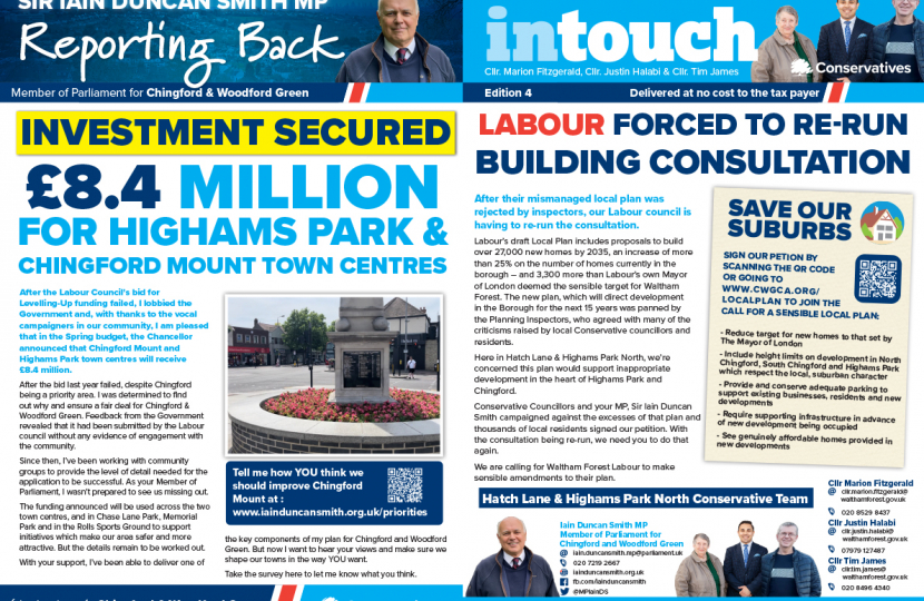 Hatch End and Highams Park North news - £8.4 million for Highams Park and Chingford Mount, the fight against St James Yard and more. All in this month's Intouch 